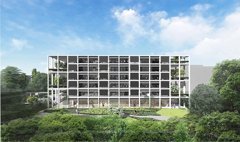 A modern, minimalist six-story building with an open-frame architectural design, featuring large square windows and integrated greenery. The structure is surrounded by landscaped gardens and dense trees under a bright, blue sky, creating a serene and eco-friendly campus environment.