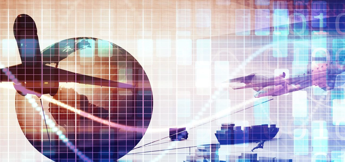 Stylized digital illustration of global logistics and transport featuring airplanes, cargo ships, and a globe overlaid with a grid and data elements. The composition represents international shipping, supply chain networks, and digital transformation in global trade.