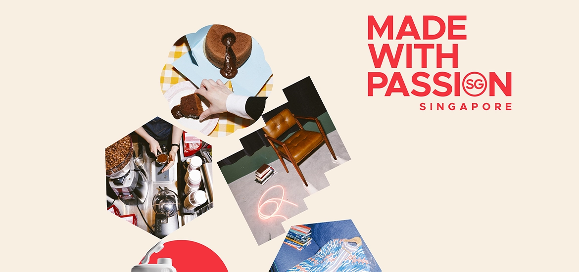 Collage of lifestyle items including a molten chocolate cake, barista coffee setup, leather armchair, and books, arranged in creative cut-out shapes on a beige background. To the right, bold red text reads "MADE WITH PASSION SG SINGAPORE", symbolizing Singaporean creativity and craftsmanship.