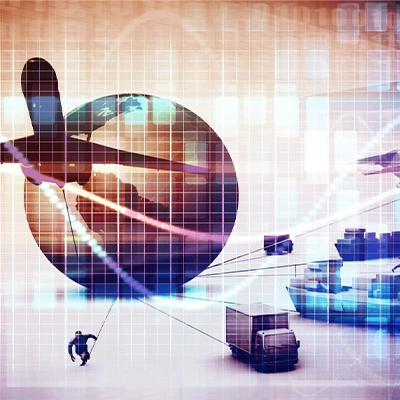 Stylized digital illustration of global logistics and transport featuring airplanes, cargo ships, and a globe overlaid with a grid and data elements. The composition represents international shipping, supply chain networks, and digital transformation in global trade.