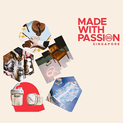Collage of lifestyle items including a molten chocolate cake, barista coffee setup, leather armchair, and books, arranged in creative cut-out shapes on a beige background. To the right, bold red text reads "MADE WITH PASSION SG SINGAPORE", symbolizing Singaporean creativity and craftsmanship.