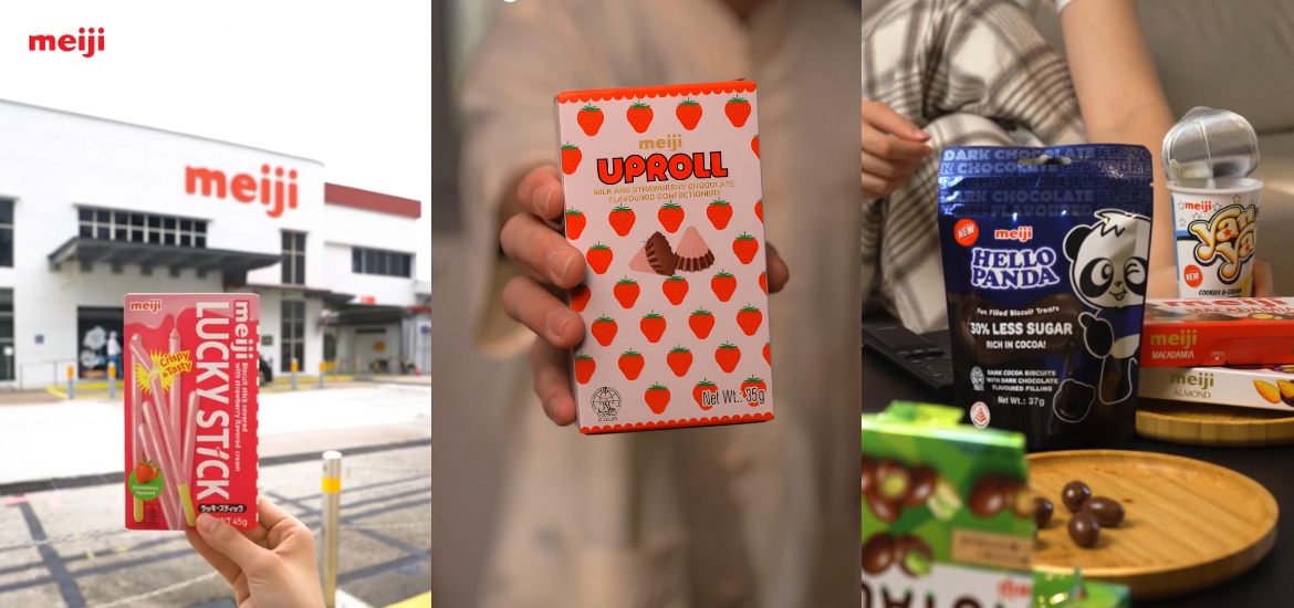 Collage of Meiji products and branding, featuring Lucky Stick, Apollo strawberry chocolate confectionery, Hello Panda snacks, and Yan Yan treats displayed alongside a Meiji facility in Singapore.