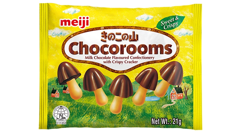 Packaging design for Meiji Chocorooms snack, featuring mushroom-shaped milk chocolate confectionery with crispy cracker stems on a bright yellow wrapper.