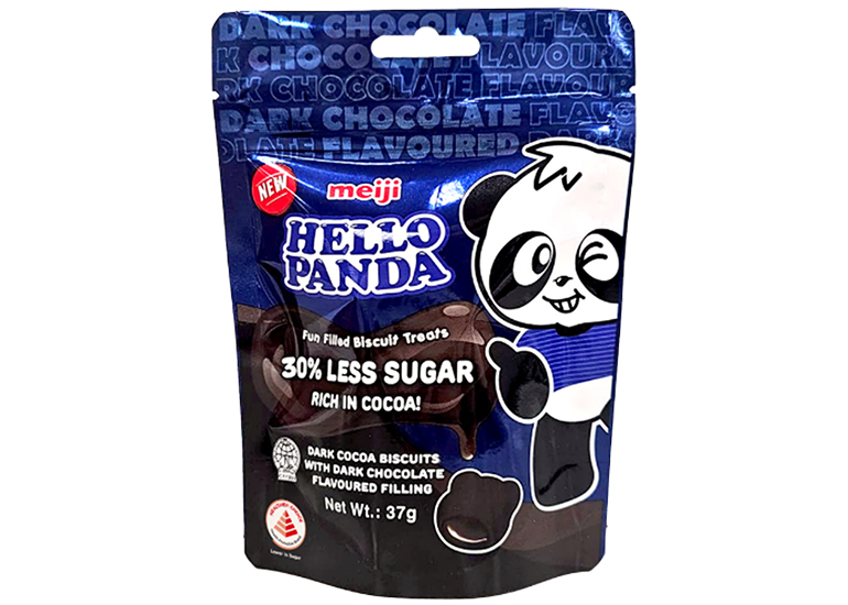 Packaging design for Meiji Hello Panda dark chocolate flavoured biscuit treats, featuring a cartoon panda mascot and “30% less sugar” label on a dark blue resealable pouch.
