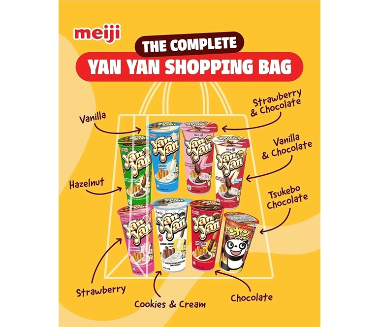 Promotional graphic showcasing Meiji Yan Yan snack cup flavours arranged in the shape of a shopping bag, including vanilla, hazelnut, strawberry, cookies and cream, chocolate, strawberry and chocolate, vanilla and chocolate, and Tsukebo chocolate varieties.