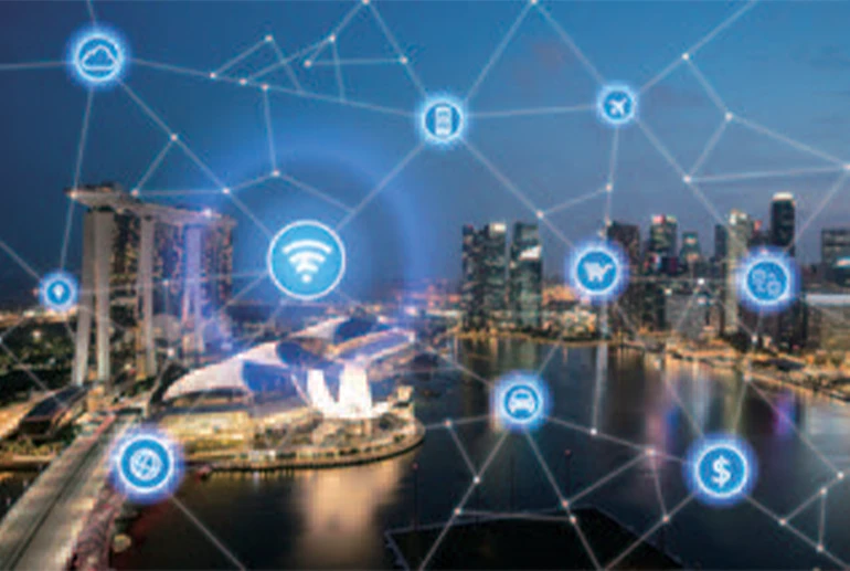 Night view of Singapore with digital network icons overlaid, symbolizing smart city infrastructure and connected technologies.
