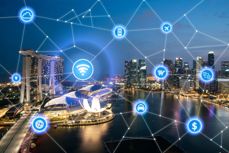 Night view of Singapore with digital network icons overlaid, symbolizing smart city infrastructure and connected technologies.