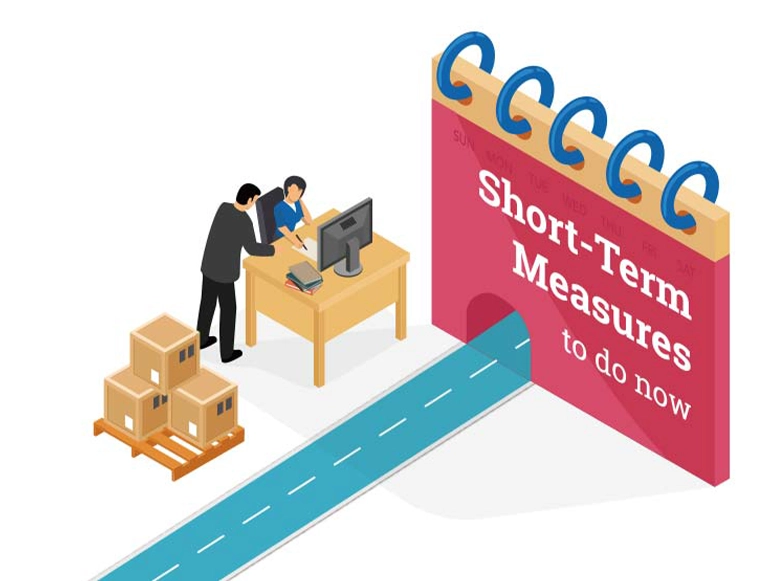 Illustration of two people working at a desk beside stacked boxes, with a road leading into a large calendar labeled “Short-Term Measures to do now,” symbolizing urgent business planning and logistics.