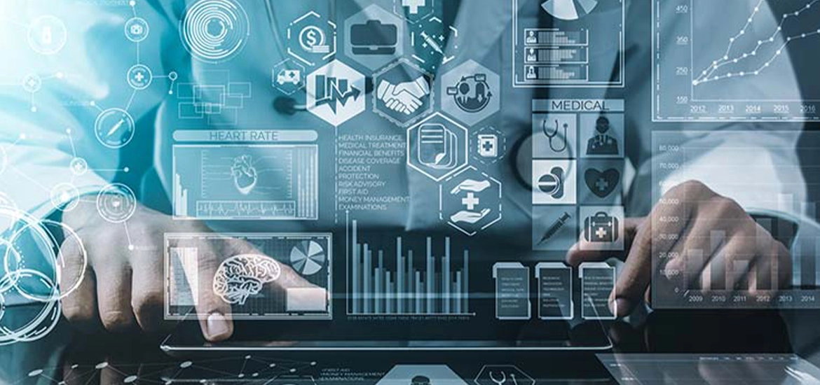 Hands operating a digital tablet with futuristic medical data and health analytics graphics overlaid, representing advanced healthcare technology and data-driven diagnostics.