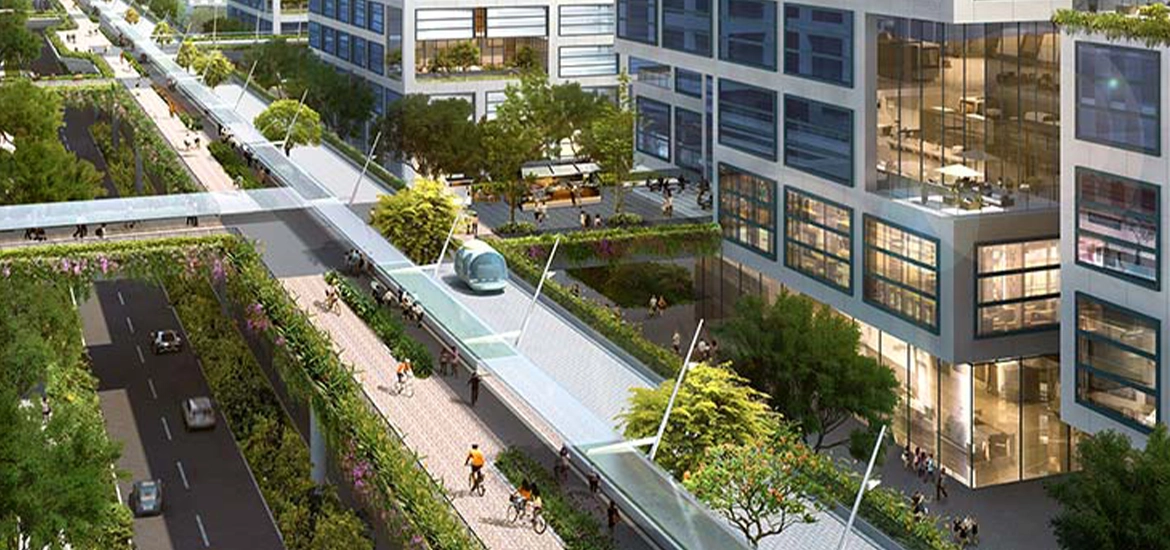 Futuristic urban scene with elevated walkways, cyclists, greenery, and modern glass buildings lining a clean, multi-level street.