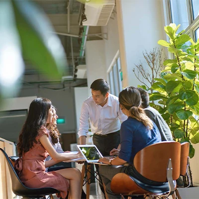 A team of young professionals collaborates in a modern, open-plan workspace surrounded by natural light and indoor greenery. They are engaged in a focused discussion around a laptop, symbolizing teamwork, creativity, and a dynamic work culture.