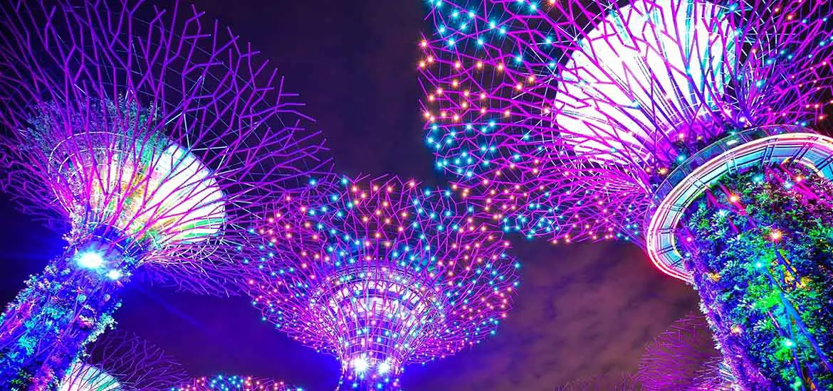 The Supertree Grove at Gardens by the Bay in Singapore illuminated at night with vibrant, colorful lights.