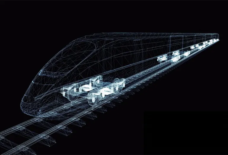 Digital wireframe rendering of a high-speed train on tracks, representing modern rail technology and innovation.