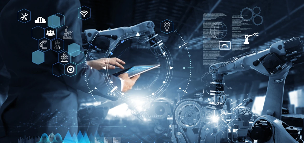 Person using a tablet to interact with robotic arms and futuristic digital interface icons in a smart manufacturing environment.