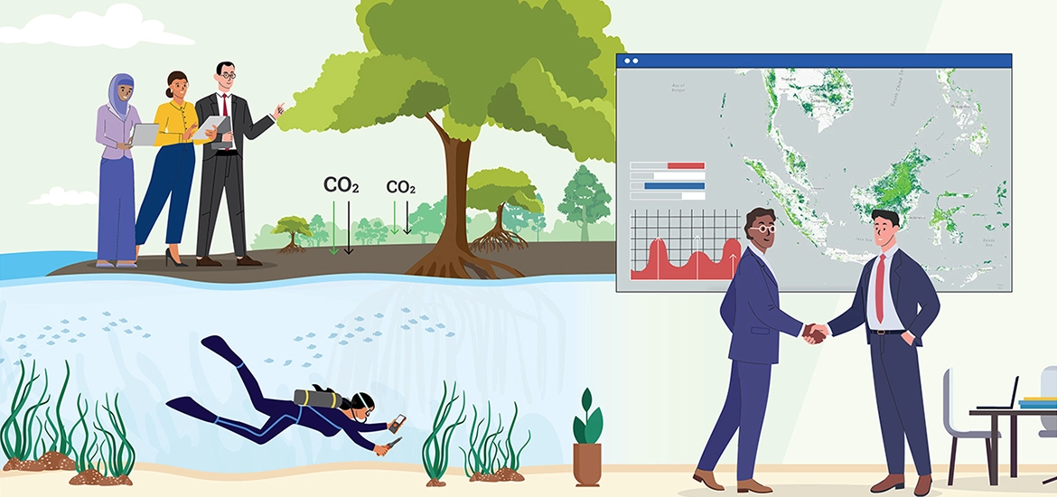 Illustration showing scientists analyzing coastal ecosystems and carbon capture in mangroves, with divers studying underwater habitats and professionals shaking hands in front of a regional environmental data map.