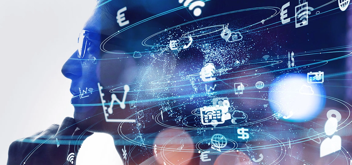 Silhouetted profile of a person in glasses with swirling digital icons and currency symbols, representing financial technology and data-driven innovation.
