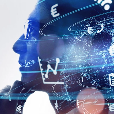 Silhouetted profile of a person in glasses with swirling digital icons and currency symbols, representing financial technology and data-driven innovation.