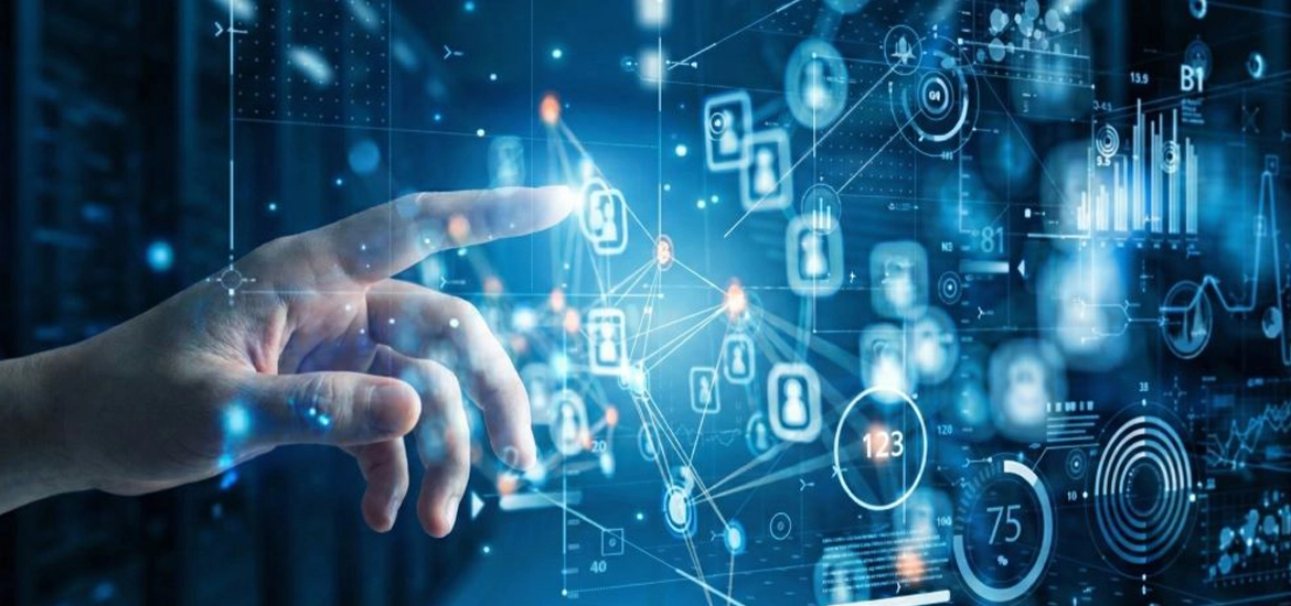 Hand interacting with a digital interface showing connected data icons, analytics, and network visualisations.