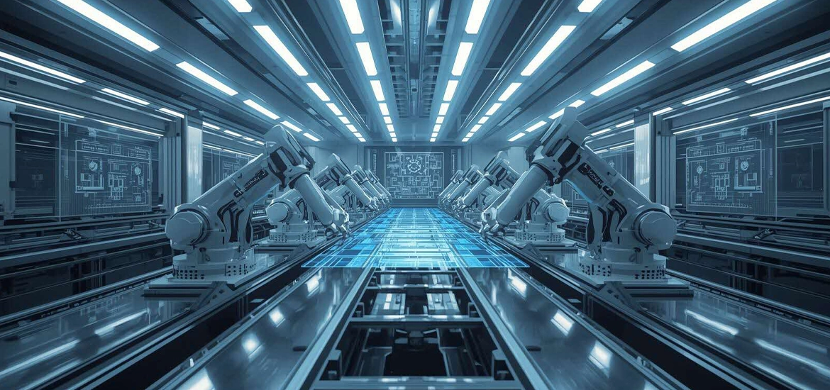 Futuristic automated factory interior with rows of industrial robotic arms aligned along a high-tech production line, illuminated by blue LED lighting and digital control displays, representing advanced manufacturing and Industry 4.0.