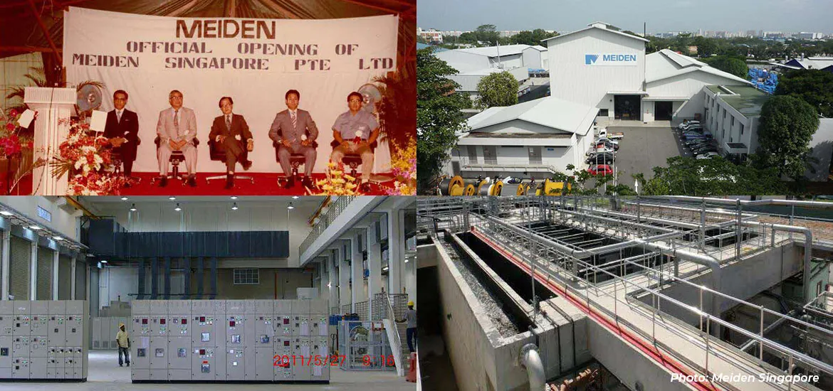 Four-image collage showing a MEIDEN opening ceremony, exterior of a MEIDEN facility, an industrial control room, and a water treatment plant with tanks and piping.