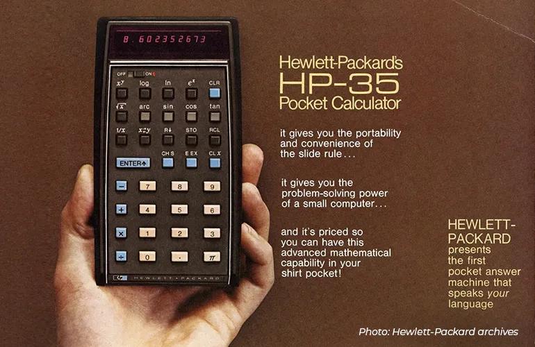 Vintage advertisement showing a hand holding a Hewlett-Packard HP-35 pocket calculator, with promotional text describing its features.