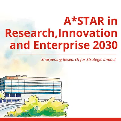 An illustrated graphic of research and innovation facilities labeled A*STAR, with text highlighting “Research, Innovation and Enterprise 2030” and a focus on strategic research impact.