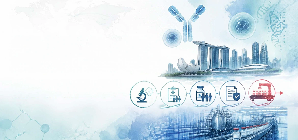 Illustration of Singapore’s biomedical ecosystem, featuring research, healthcare, vaccines, regulation, and pharmaceutical manufacturing.