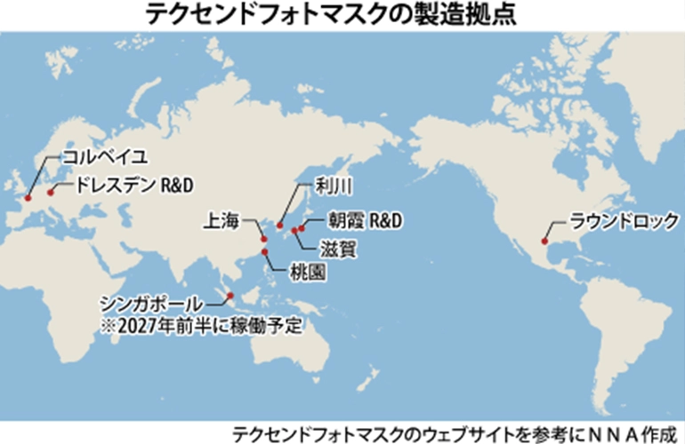 Group of executives in formal attire and safety helmets holding ceremonial shovels at the Tekscento Photomask Singapore project groundbreaking ceremony.
