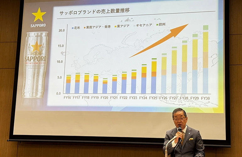 Speaker presenting Sapporo brand sales growth trends on a projected chart.