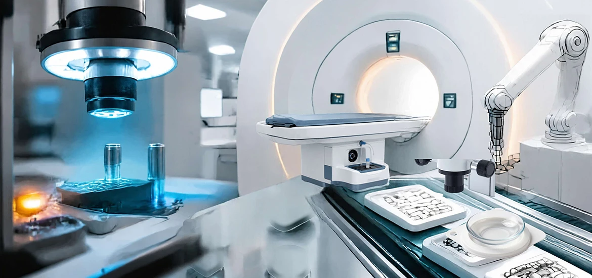 Advanced medical imaging and robotic equipment inside a modern healthcare facility.