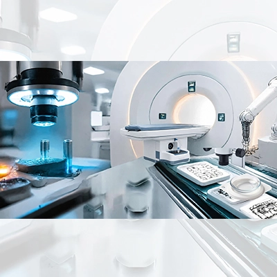 Advanced medical imaging and robotic equipment inside a modern healthcare facility.
