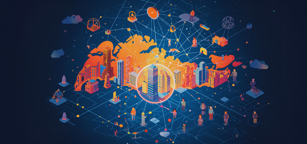 Illustrated smart city concept featuring interconnected buildings, people, and digital networks, symbolizing urban innovation, connectivity, and technology-driven infrastructure.
