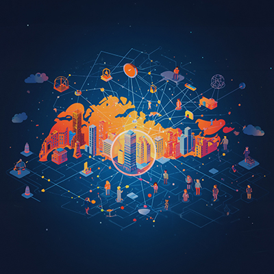 Illustrated smart city concept featuring interconnected buildings, people, and digital networks, symbolizing urban innovation, connectivity, and technology-driven infrastructure.