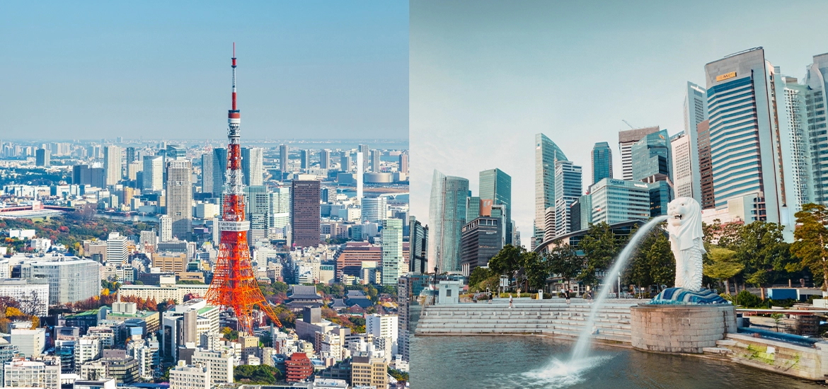 Split image comparing cityscapes: Tokyo skyline with Tokyo Tower on the left, and Singapore’s Marina Bay with the Merlion and financial district on the right.