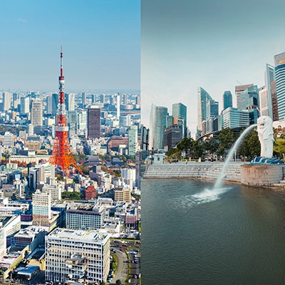 Split image comparing cityscapes: Tokyo skyline with Tokyo Tower on the left, and Singapore’s Marina Bay with the Merlion and financial district on the right.