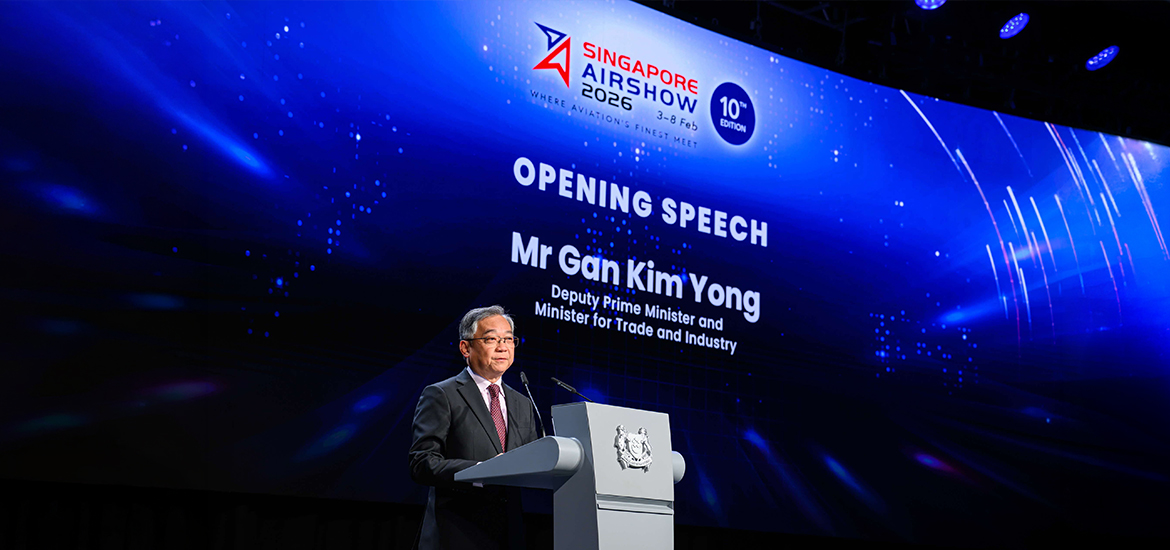 Singapore Deputy Prime Minister and Minister for Trade and Industry Gan Kim Yong delivering the opening speech at the Singapore Airshow 2026, addressing industry leaders and stakeholders at the event’s opening ceremony.
