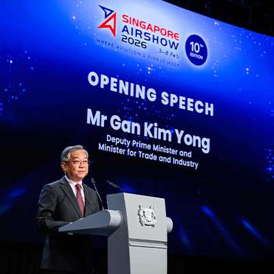 Singapore Deputy Prime Minister and Minister for Trade and Industry Gan Kim Yong delivering the opening speech at the Singapore Airshow 2026, addressing industry leaders and stakeholders at the event’s opening ceremony.