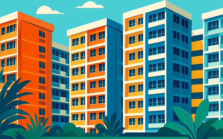 Illustrated view of colourful high-rise residential buildings with greenery in the foreground, representing urban housing.