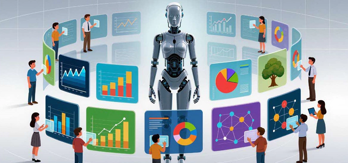 Humanoid AI robot surrounded by people analysing digital dashboards with charts, graphs, and data visualisations.