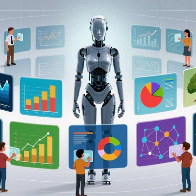 Humanoid AI robot surrounded by people analysing digital dashboards with charts, graphs, and data visualisations.