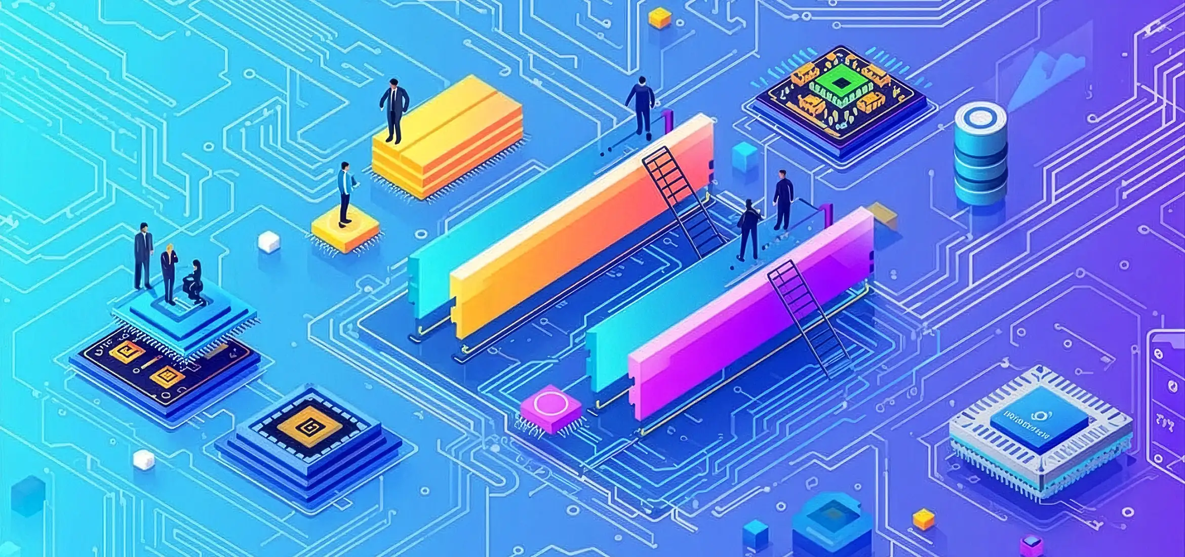 Illustrated digital graphic showing semiconductor chips, data infrastructure, and interconnected circuit pathways. Miniature figures stand on and around colourful technology components, symbolising collaboration, innovation, and the semiconductor value chain within an advanced digital ecosystem.