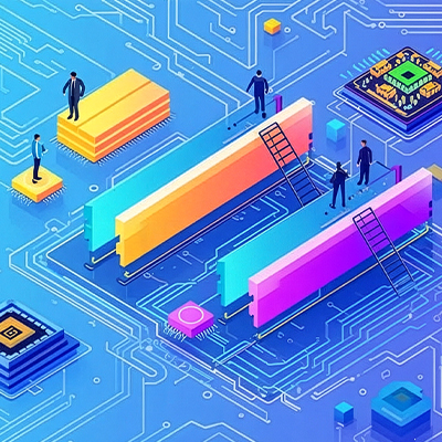 Illustrated digital graphic showing semiconductor chips, data infrastructure, and interconnected circuit pathways. Miniature figures stand on and around colourful technology components, symbolising collaboration, innovation, and the semiconductor value chain within an advanced digital ecosystem.