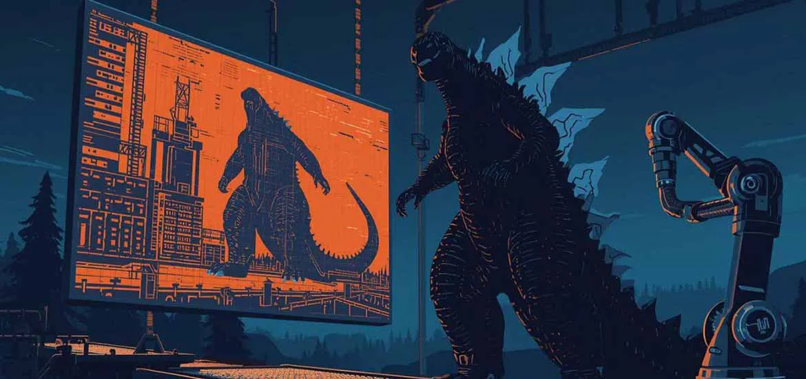 Illustrated scene of Godzilla standing before a large digital screen displaying its blueprint-like image, surrounded by industrial robotic arms in a futuristic setting.