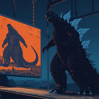 Illustrated scene of Godzilla standing before a large digital screen displaying its blueprint-like image, surrounded by industrial robotic arms in a futuristic setting.