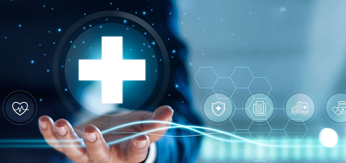 Hand reaching out toward a glowing medical cross icon, surrounded by digital health symbols and hexagonal interface graphics, representing futuristic healthcare technology.