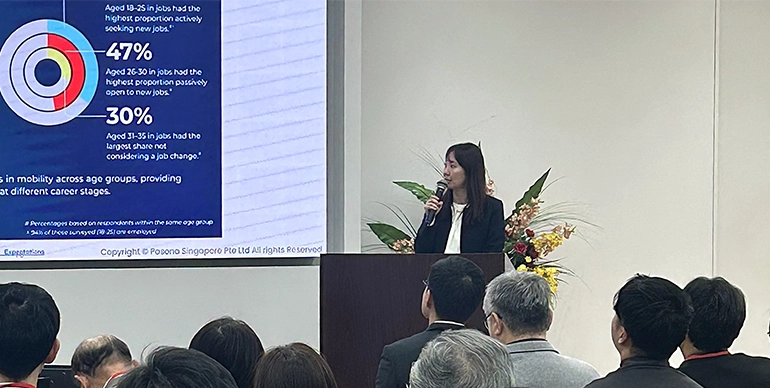 Pasona Singapore representative giving a speech of Human Resources.