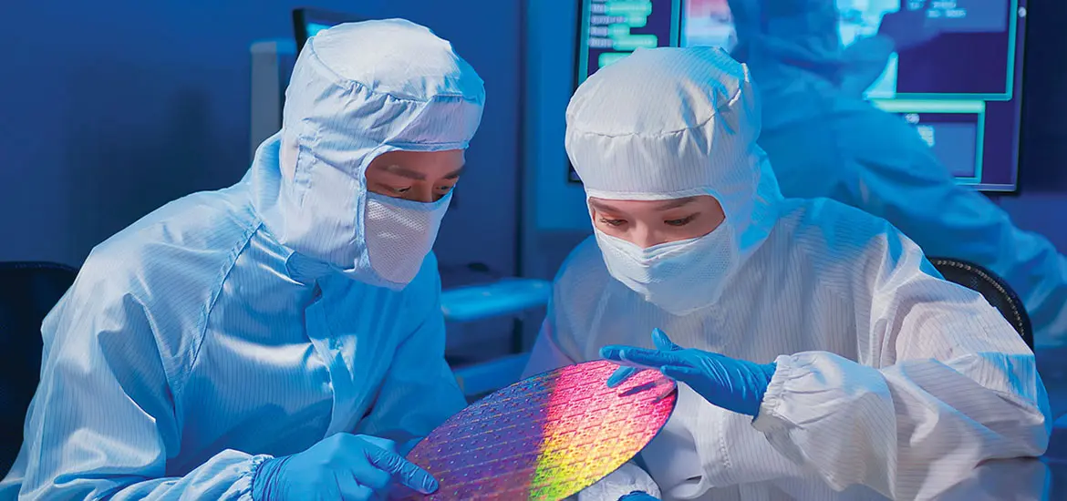 Technicians in cleanroom suits inspecting a silicon wafer, symbolizing precision and quality control in semiconductor manufacturing.
