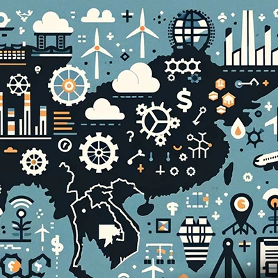 Illustrative map of Asia filled with icons representing economic growth, innovation, and sustainability — including gears, graphs, wind turbines, airplanes, and currency symbols. The background and graphics use a muted blue, black, and orange palette. Text at the bottom notes it is an AI-generated image.