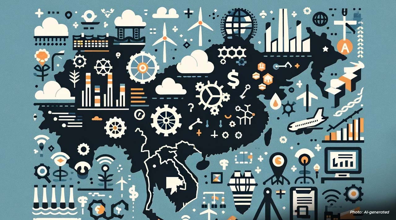 Illustrative map of Asia filled with icons representing economic growth, innovation, and sustainability — including gears, graphs, wind turbines, airplanes, and currency symbols. The background and graphics use a muted blue, black, and orange palette. Text at the bottom notes it is an AI-generated image.