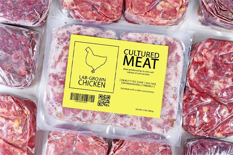 Packaged lab-grown chicken labeled as "Cultured Meat" with a yellow tag, surrounded by other vacuum-sealed meat products, promoting cruelty-free and environmentally friendly protein.